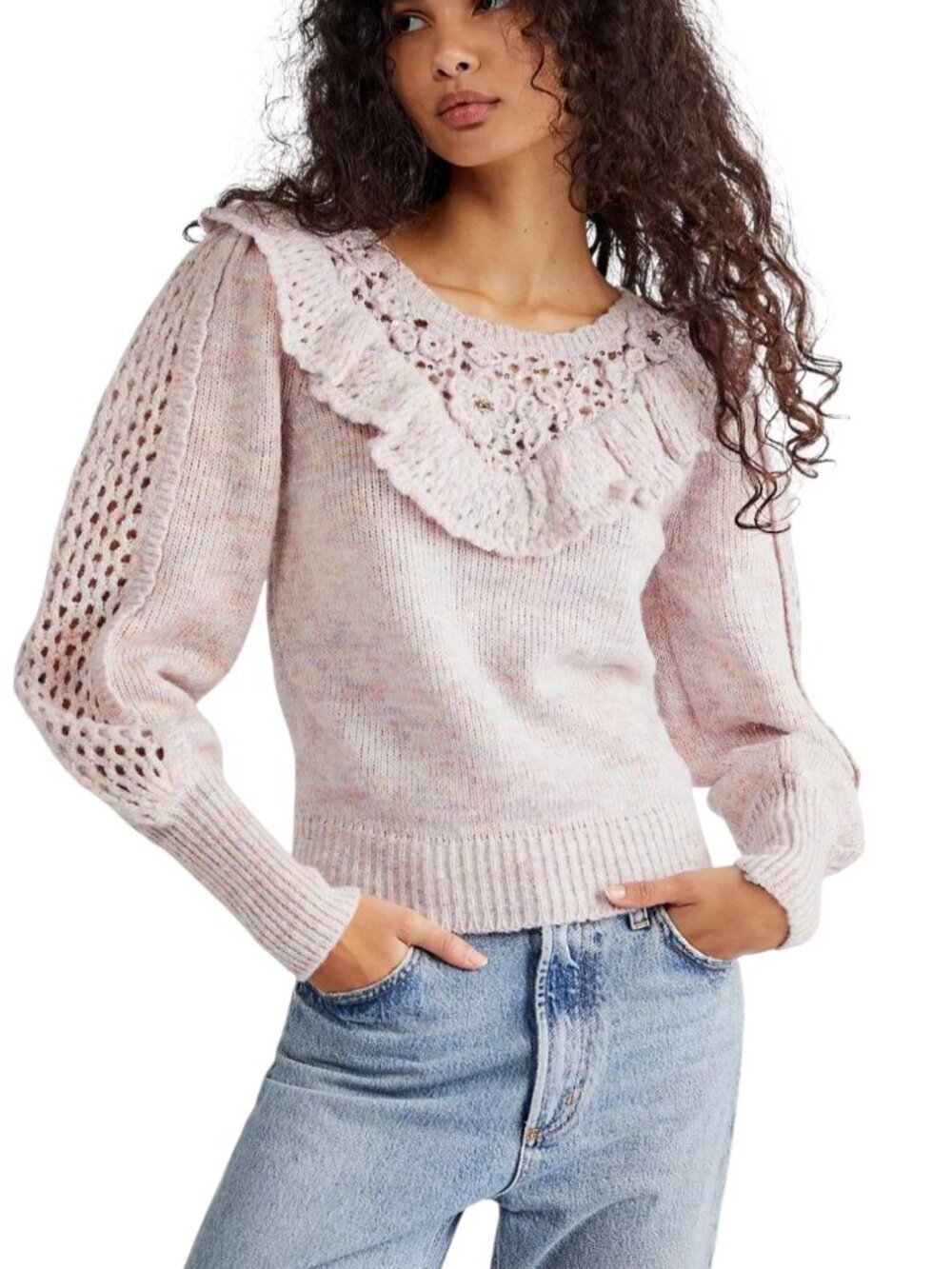 Love Shack Fancy Luellan Sweater Pullover Ruffle Sequin Crochet Ribbed Pastel XS